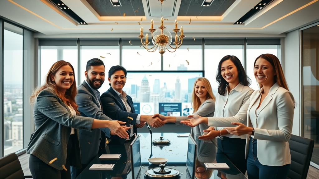 medspa executives celebrating AI transformation with a press release in conference room, reflecting AI for medspas industry success