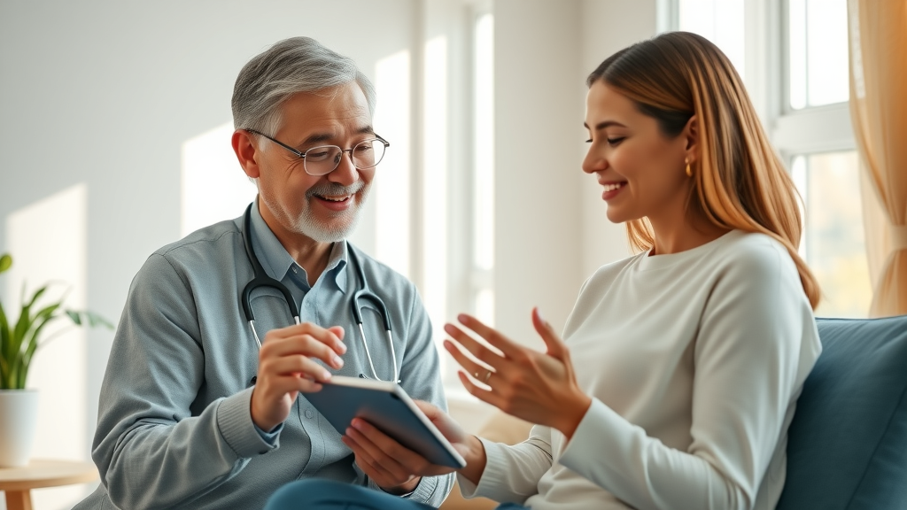 practitioner and client in a virtual consultation with AI-powered tablet, enhancing patient engagement in medical spa