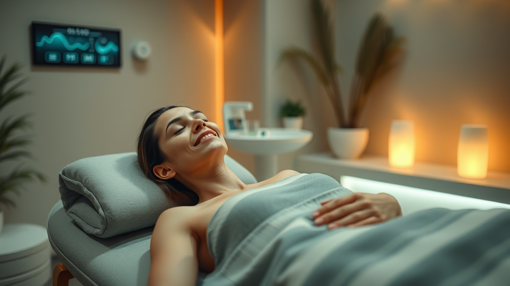 client relaxing during medspa treatment while AI-driven system adjusts ambient settings, demonstrating AI for medspas customer experience